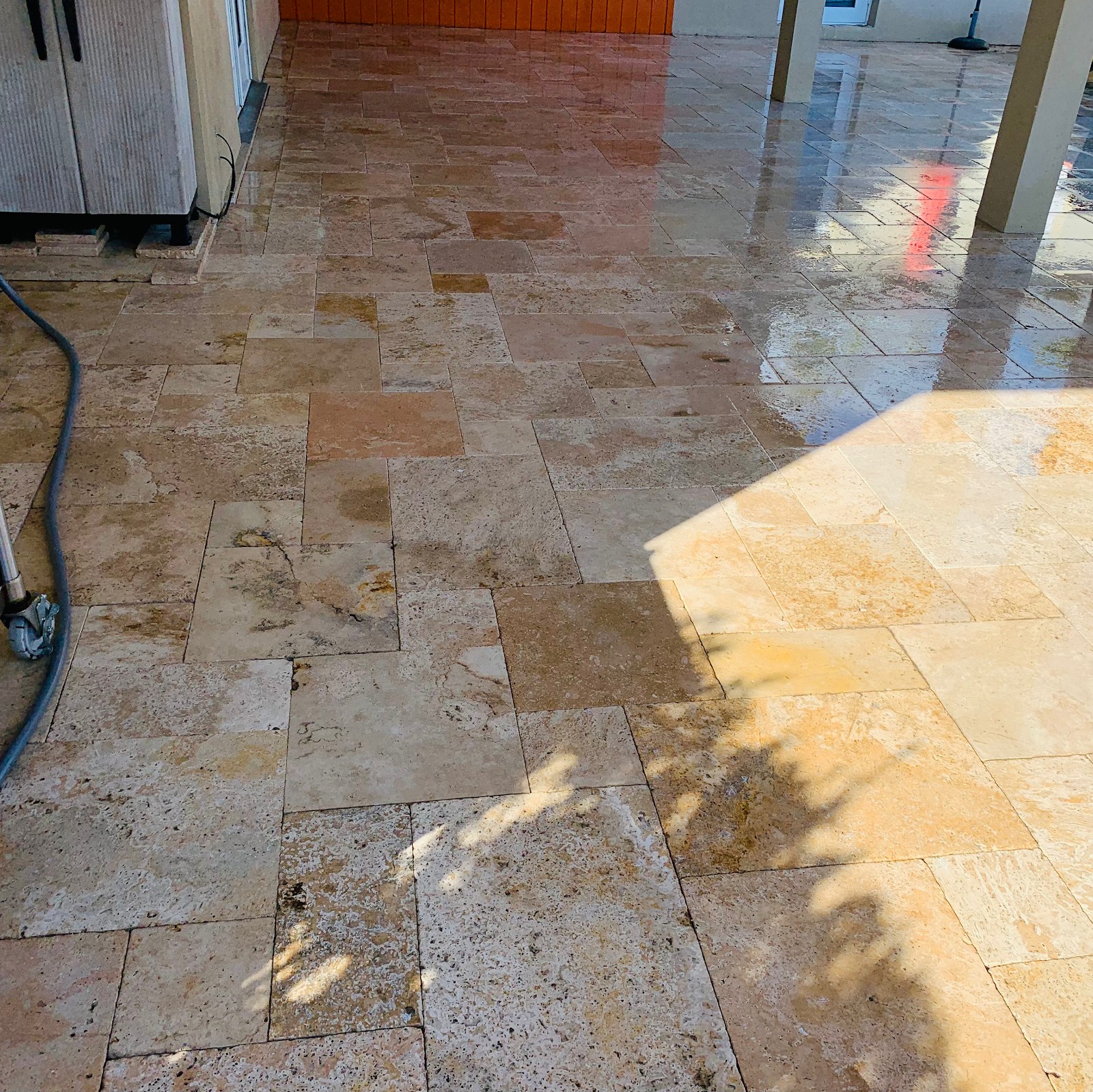 Travertine patio floor, surface-cleaned